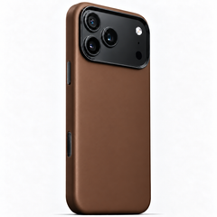 Tanner brown leather iPhone case with metal buttons, rear three-quarter view