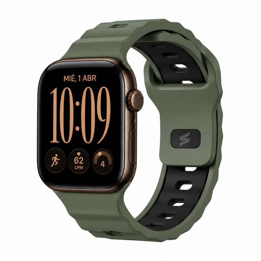 Apple Watch band Pulse Camo Green by Suritt in military green and black FKM, shown on a gold Apple Watch.