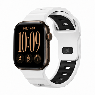 Apple Watch band Pulse Polar White by Suritt in white and black FKM, shown on a gold Apple Watch.