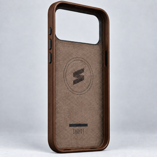 Tanner brown leather iPhone case, three-quarter view of the soft inner lining