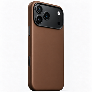 Tanner brown leather iPhone case with metal buttons, rear three-quarter view