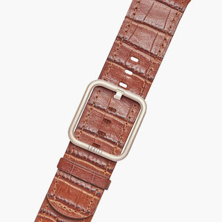 brown apple watch leather band with cocodrile print and gold buckle