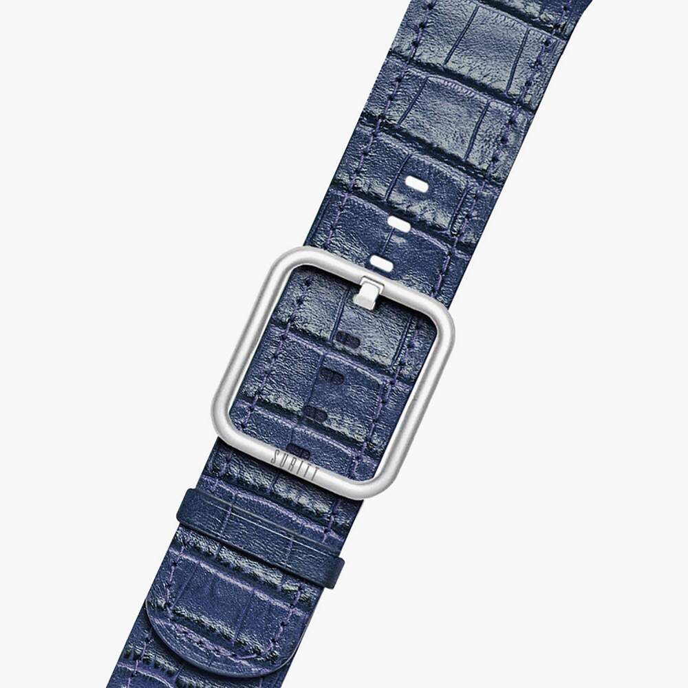apple watch strap with blue cocodirle print and silver buckle