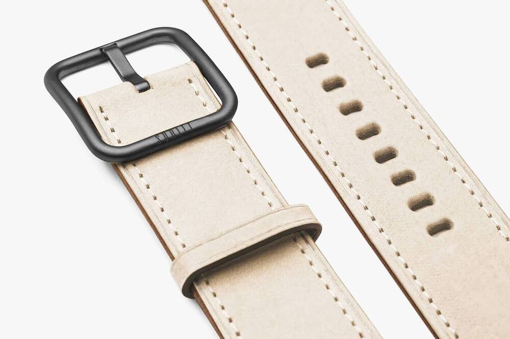 BRACELET DE MONTRE APPLE WATCH CUIR TAUPE COUTURE ECRUE / ADAPTATEUR ACIER