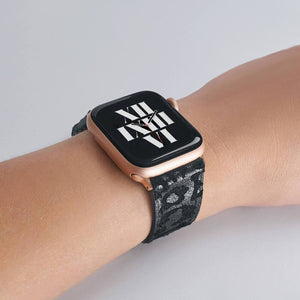 Apple watch leather strap with black leopard print