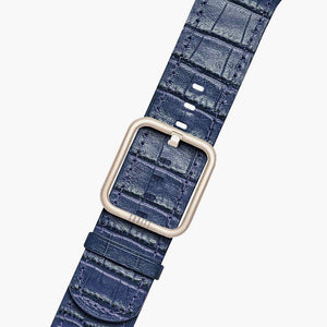 apple watch leather band with blue cocodirle print and gold buckle